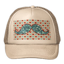 BLUE MUSTACHE AND RED HEARTS GLITTER HAT