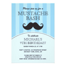 Blue mustache bash birthday party card