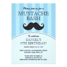 Blue mustache bash birthday party invitation
