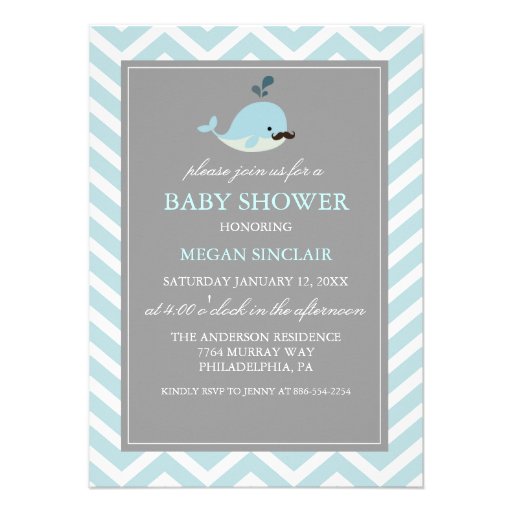 Blue Mustache Whale Boy Baby Shower Invitation