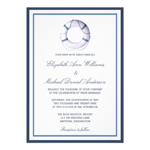 Blue Nautical Life Ring Wedding Invitations