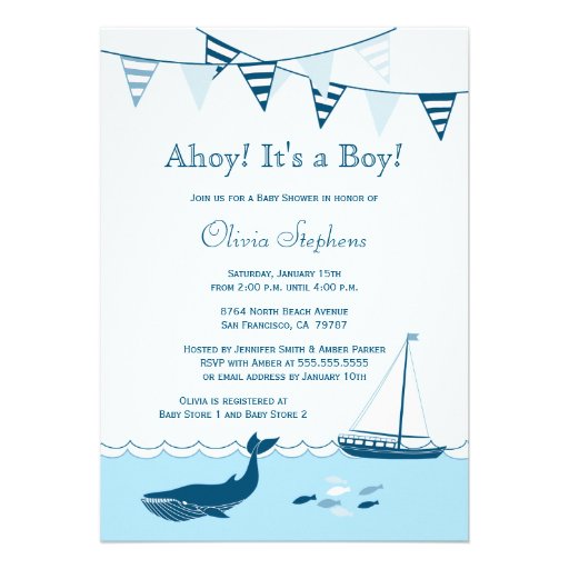Blue nautical sailboat baby boy shower invitation (front side)