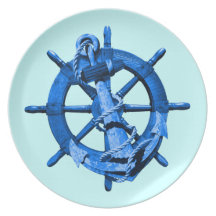 Blue Nautical Ships Wheel And Anchor Party Plate