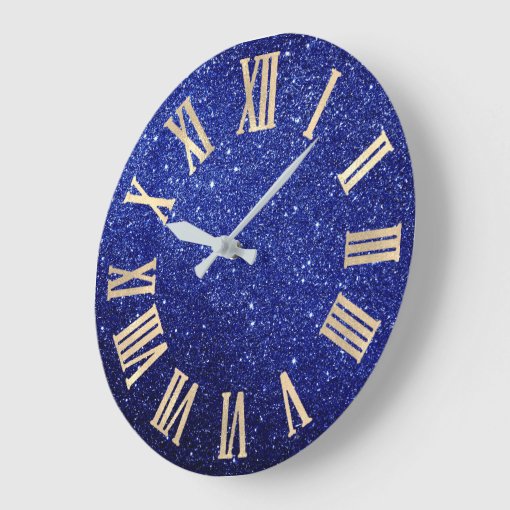 Blue Navy Glitter Minimal Metallic Roman Numers Large Clock Zazzle