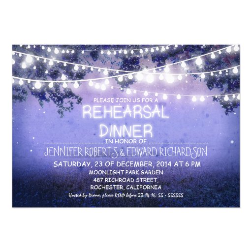 blue night & string lights rehearsal dinner personalized invitation