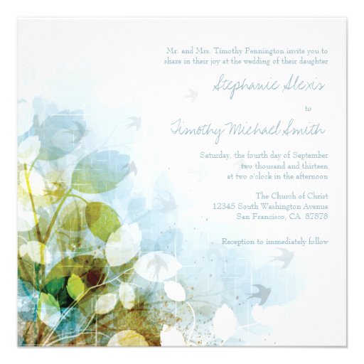 Blue olive green foliage birds wedding invitation