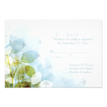 Blue olive green foliage birds wedding RSVP card Invite
