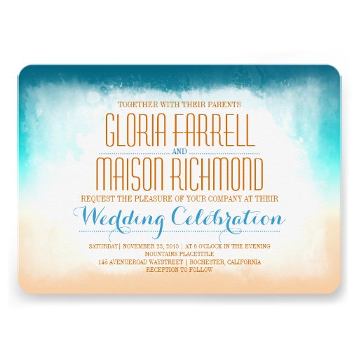 Blue ombre beach wedding invitation