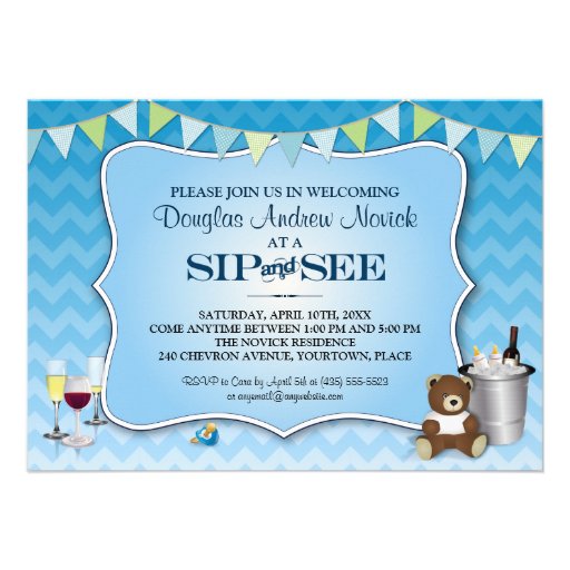 Blue Ombre Chevron Baby Sip and See Custom Invitations