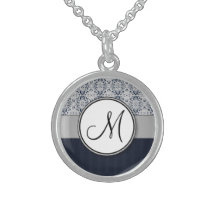 Blue on Silver Damask w Navy Stripes and Monogram Custom Jewelry
