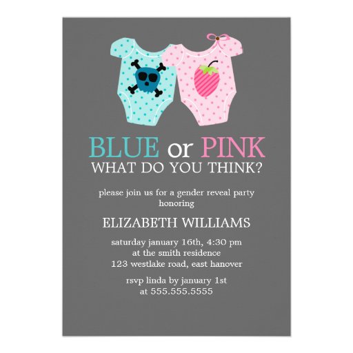 Blue or Pink? Baby Outfits Gender Reveal Party Invites (front side)