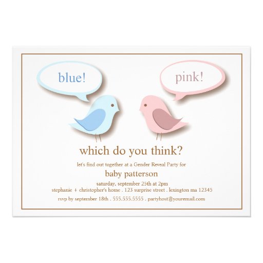 Blue or PInk Little Birds Gender Reveal Party Personalized Invite (front side)