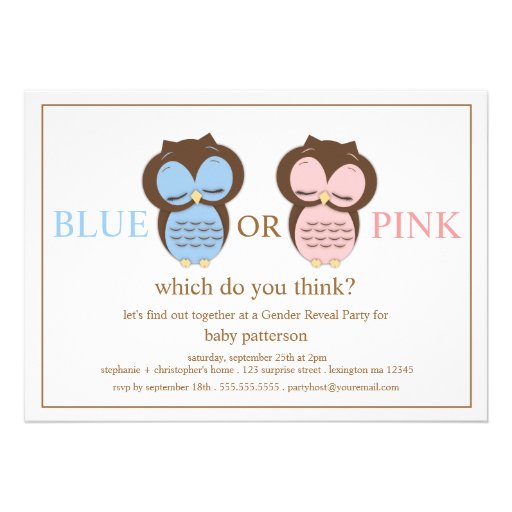 Blue or PInk Little Owls Baby Gender Reveal Party Custom Announcements