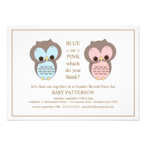 Blue or PInk Owl Baby Gender Reveal Party Announcements