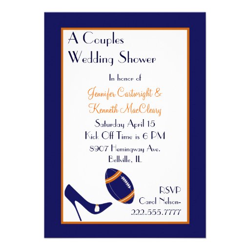 Blue & Orange Football Couples Wedding Shower Invitations (front side)