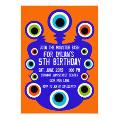 Blue Orange Monster Eyes Birthday Party Invitation