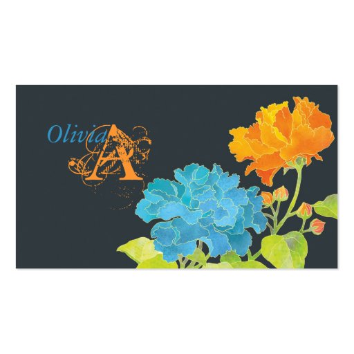 Blue & Orange Peonies with Damask Pattern Monogram Business Card Templates (front side)