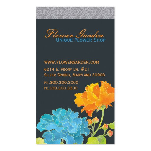Blue & Orange Peonies with Damask Pattern Monogram Business Card Templates (back side)