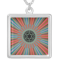 Blue Orange Sunburst Fractal Necklace