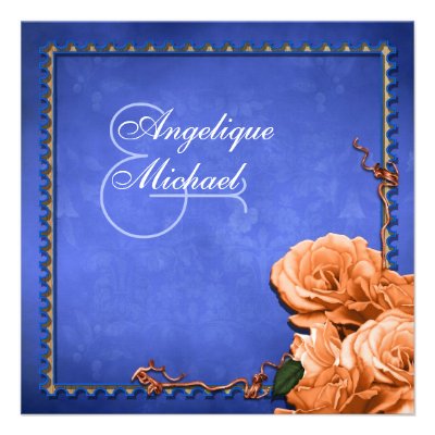 Blue orange wedding vintage rose custom announcements