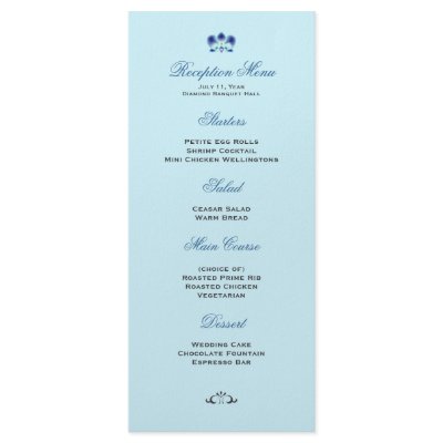 Blue Orchid Wedding Reception Menu Personalized Rack Card by InspiredWeddings