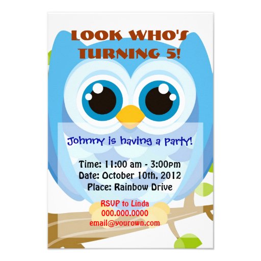 Blue Owl Birthday Invitation for Kids