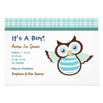 Blue Owl Boy's Birth Announcement invitations