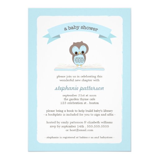 Blue Owl Bring a Book Baby Shower Invitation (front side)
