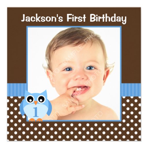 Blue Owl Brown Polka Dot 1st Birthday Boy Photo Announcements