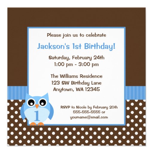 Blue Owl Brown Polka Dot 1st Birthday Boy Photo Announcements