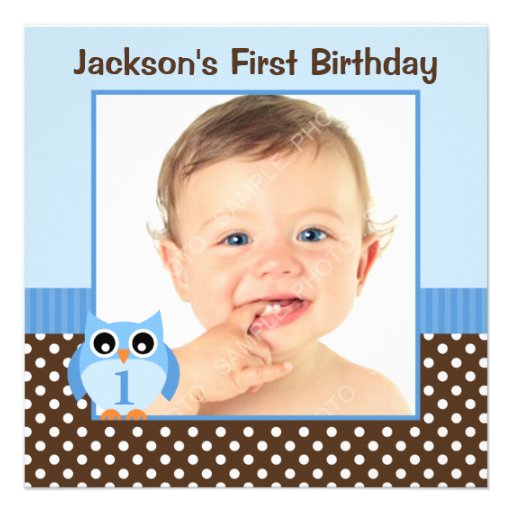 Blue Owl Brown Polka Dots 1st Birthday Boy Photo Personalized Invites