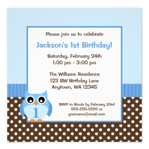 Blue Owl Brown Polka Dots 1st Birthday Boy Photo Personalized Invites