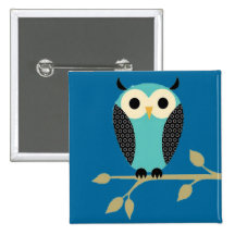 Blue Owl On Limb Button