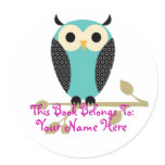 Blue Owl On Limb Name Tag Round Stickers