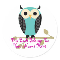 Blue Owl On Limb Name Tag Round Stickers