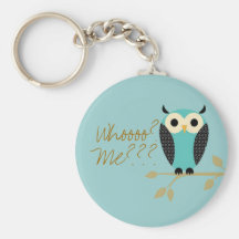 Blue Owl On Limb Who Me? Keychains