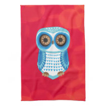 Blue Owl Red Background Kitchen Towel