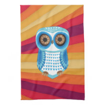 Blue Owl Red Orange Background Kitchen Towel