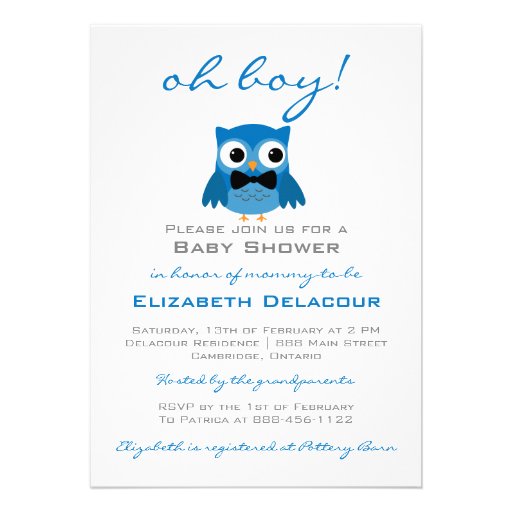 Blue Owl with Bow Tie Baby Shower Invitation