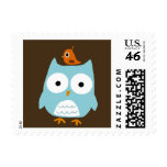 Blue Owl with Little Orange Bird Postage Stamp