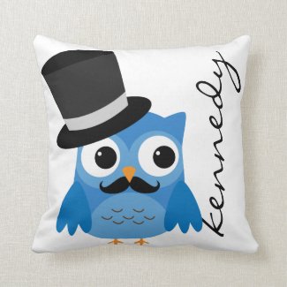 Blue Owl with Mustache and Top Hat Pillow