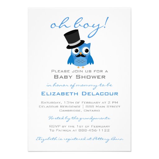 Blue Owl with Mustache Baby Shower Invitation