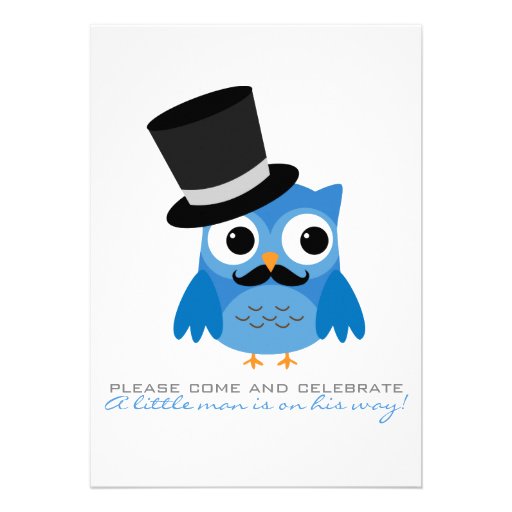 Blue Owl with Mustache Baby Shower Invitation (front side)