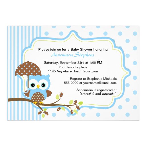 Blue Owl with Umbrella Boys Baby Shower Announcement