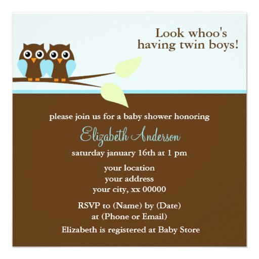 Blue Owls Twins Baby Shower Personalized Announcement