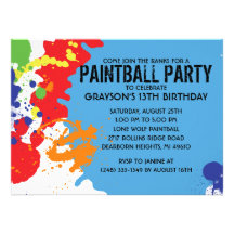 Blue Paintball Splatter Paintball Birthday Party Personalized Invites