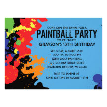 Blue Paintball Splatter Paintball Birthday Party Custom Announcement