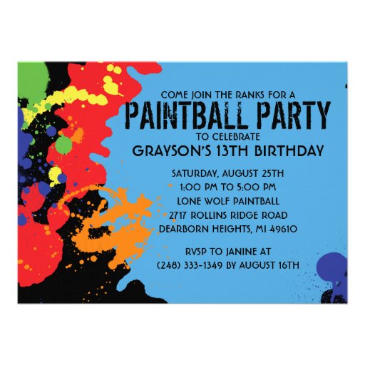 Blue Paintball Splatter Paintball Birthday Party Custom Announcement
