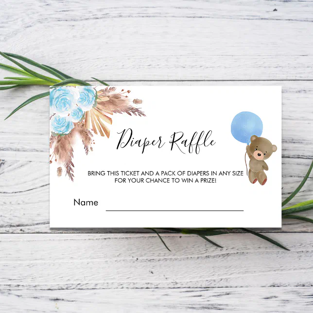 Blue Pampas Teddy Baby Shower Diaper Raffle Ticket Enclosure Card Zazzle