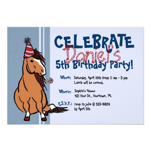 Blue Party Pony Boys 5th Birthday Custom Announcement